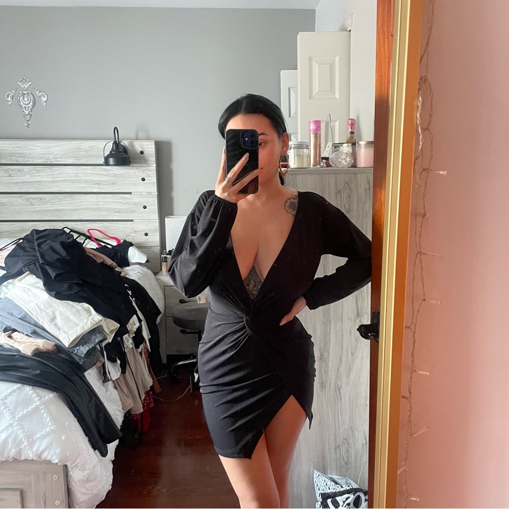Black mini front wrap dress